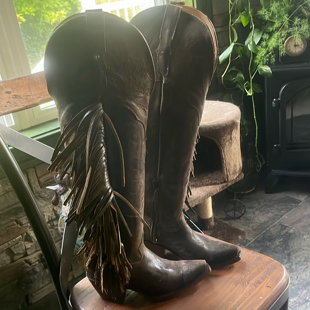 Horsag over the knee leather fringe cowboy boots